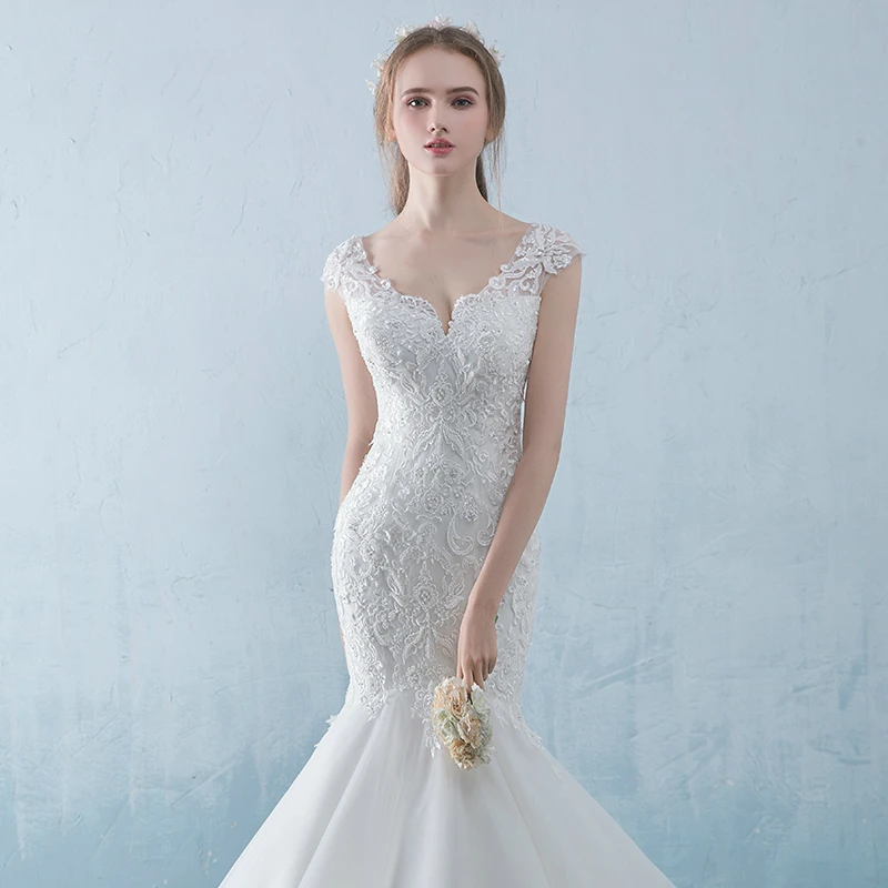 Princesa V-neck Sequin Beading Lace Vestidos De Novia Cap Sleeve Backless Mermaid Maxi Wedding Dresses Marriage Bridal Gowns