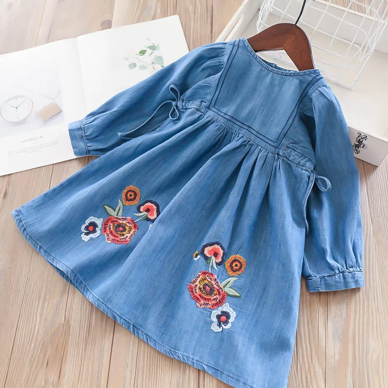 Baby Girls Embroidery Floral Vintage Denim Dress Spring Autumn Ruffles Bow Sweet Kids Clothing | Детская одежда и обувь