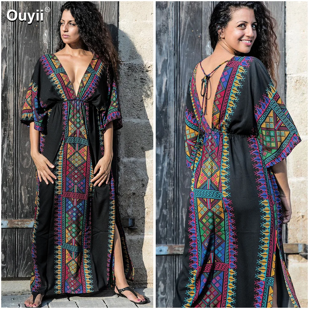 

New Bikini Cover Cover-Ups Cotton Black Print Deep V-neck Beach Shirt Loose Large Size Holiday Skirt Bikini Cardigan