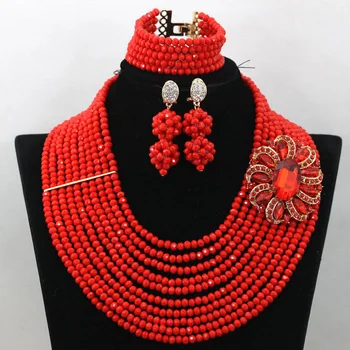 

Luxury Red Costume Nigerian Wedding Jewelry Sets African Crystal Engagement Necklace Jewelry Wholesale Free Shipping QW481