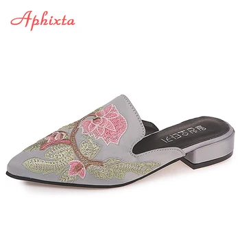 Aphixta-zapatillas de tacón cuadrado para Mujer, Chanclas de Punta bordada, talla grande 34-42, para playa