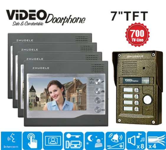 ZHUDELE 4 квартирный 7 дюймовый ЖК монитор RFID + passowrd 700 TV ИК камера видеодомофон