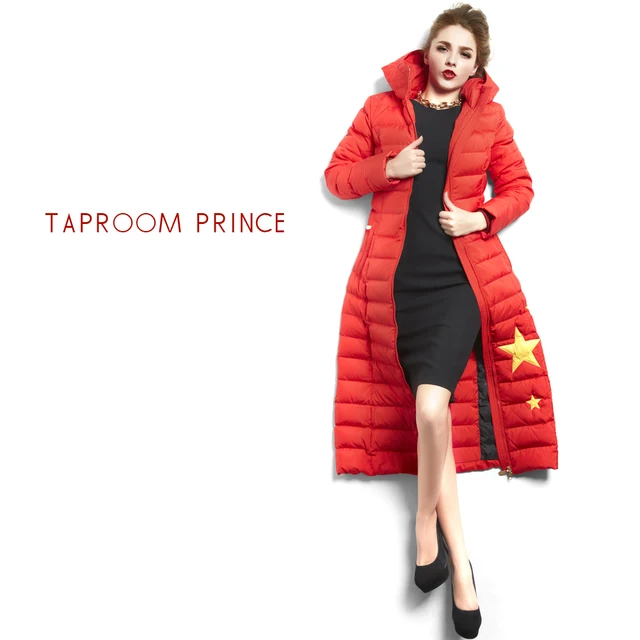 Cheap Stars Women Down Jacket Long Coat 2016 Winter Jacket Women down parka Red Brand Down Coat Visual Women's Down Jackets Outwear