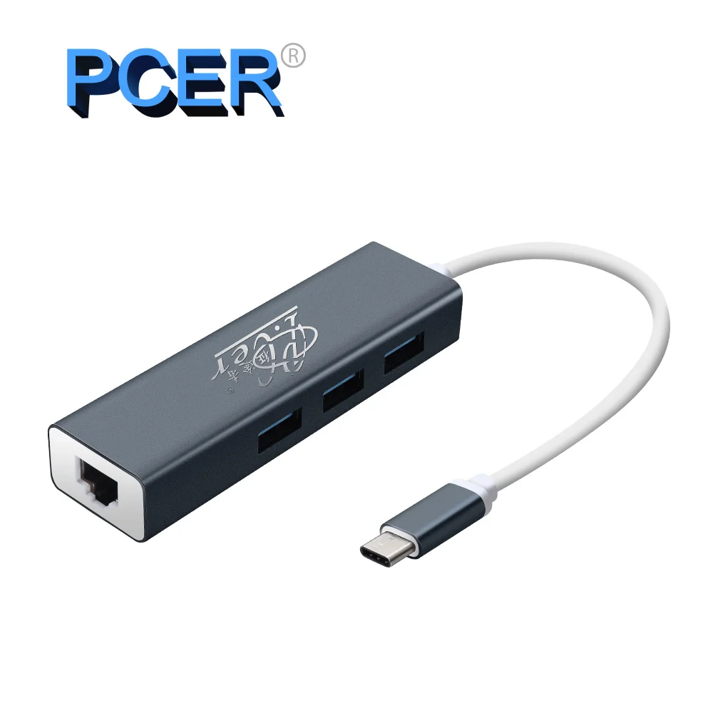 

PCER USB C 3.1 Ethernet Lan Adapter 3 Port USB Type C Hub 10/100/1000Mbps Gigabit Ethernet USB 3.0 hub Network Card for MacBook