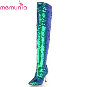 

MEMUNIA 2020 newest thigh high boots women sequined cloth autumn winter boots stiletto heels party shoes over the knee boots