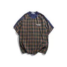 2019 Summer Men Literary Plaid Loose T-shirt Casual Letter Embroidery Men T-shirt Fashion New letter embroidery t shirt
