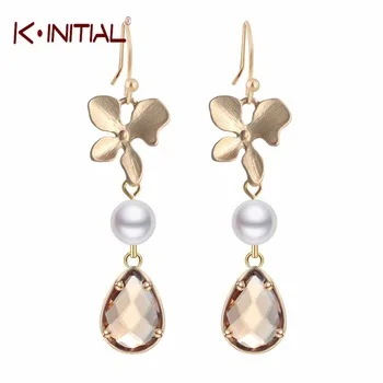Kinitial Statement Orchid Flower and Pearl Drop Earring Fashion Flower Water Drop Earrings for Girls Women Wedding Jewelry Gift