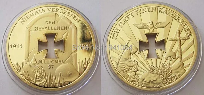 Hollow Commemorative Coin 1914 1945 German Iron Cross Hole 24k .999 Gold Plated Gold Coin 