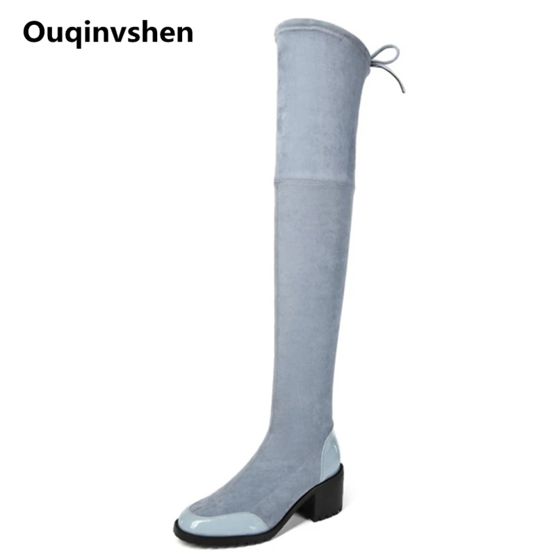 

Ouqinvshen Butterfly-knot Black Sexy Knee High Boots Fashion Square Heels Pointed Toe High Heel Boots Flock Rubber Women Pumps
