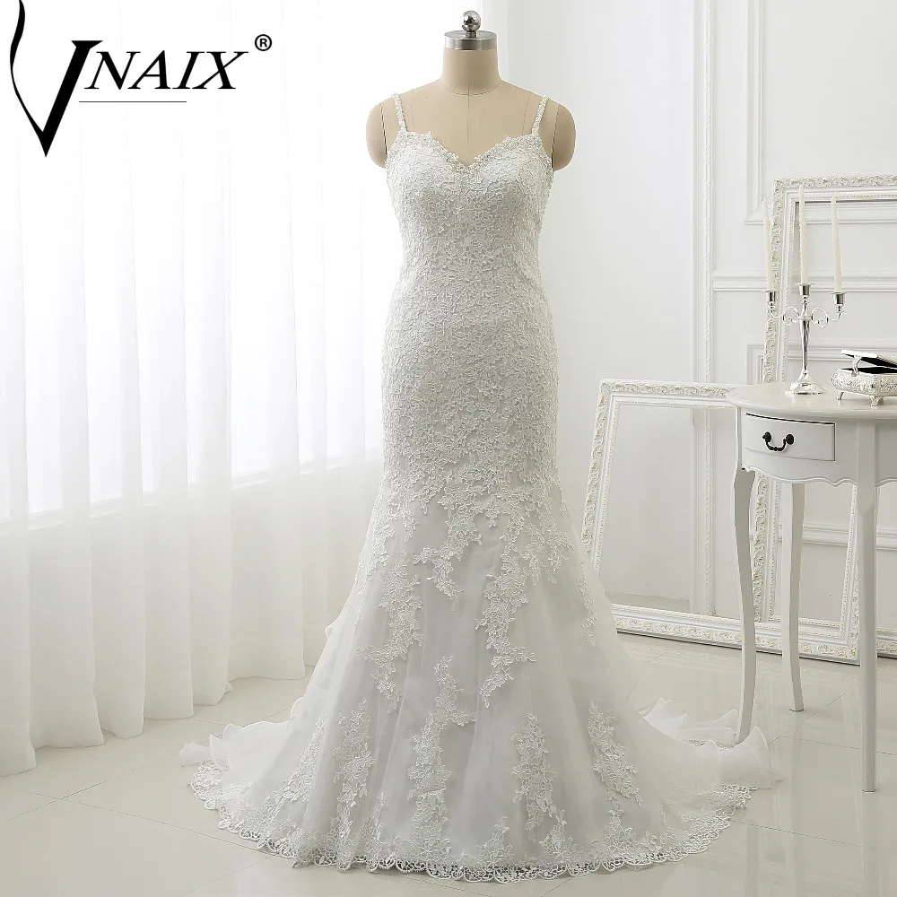 Vnaix DW280 Sexy Docinho de Cristal Frisada Correias Backless Ruffles Sereia Vestidos de Casamento