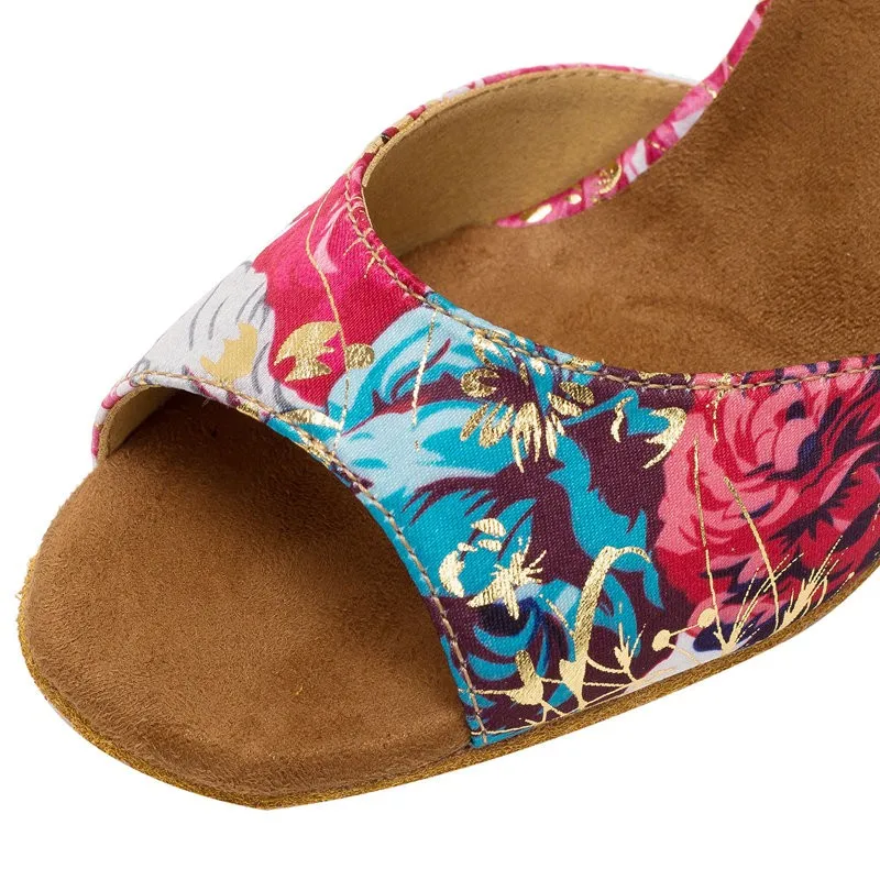 HXYOO/ Новое поступление, женская обувь для латинских танцев, атласная мягкая подошва, красный и синий цветок, бальные туфли, сальса, высокий каблук, открытый носок, WK060