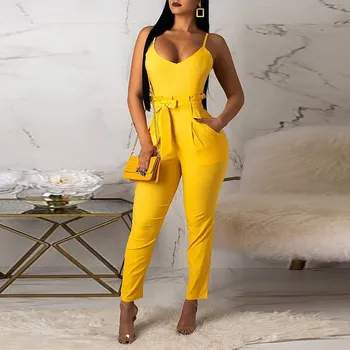 

V-neck Sleeveless Sashes Bodycon Sexy Jumpsuit Women Ruffles Workwear Playsuit Overalls Summer Yellow Long Jumpsuit