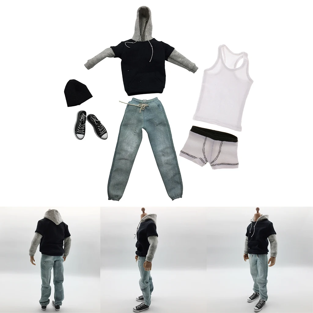 1/6 Men Long Sleeve Hoodie Denim Jeans  Canvas Shoes &Vest & Underwear Set for 12inch Action Figure Accessories