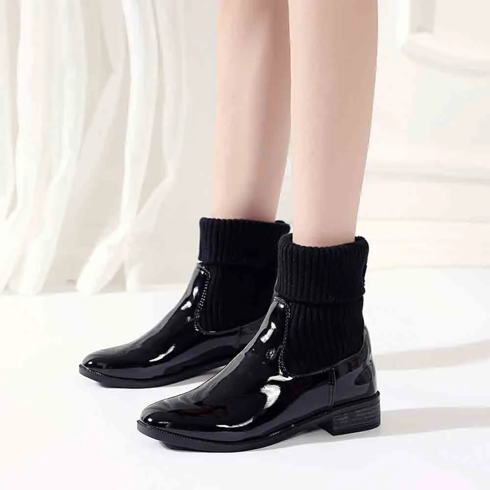 

Fashion winter boots woman Low Heel Rivet Booties Patent Leather Square Heels Martin Casual shoes woman #20181106