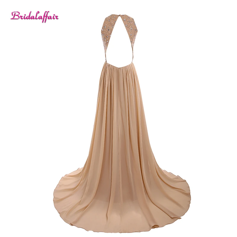 Bridalaffair реальное фото с открытой спиной Кристалл шифон О образным вырезом вечернее платье без рукавов развертки поезд линия выпускного вечера платье de festa