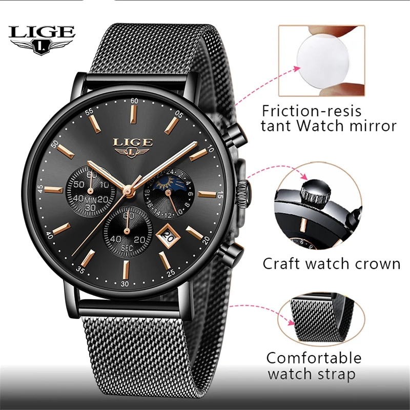Skup Nowe męskie zegarki LIGE Top marka luksusowa moda Ultra cienki zegarek kwarcowy mężczyźni fazy księżyca biznes zegar kalendarz wodoodporny Relojes