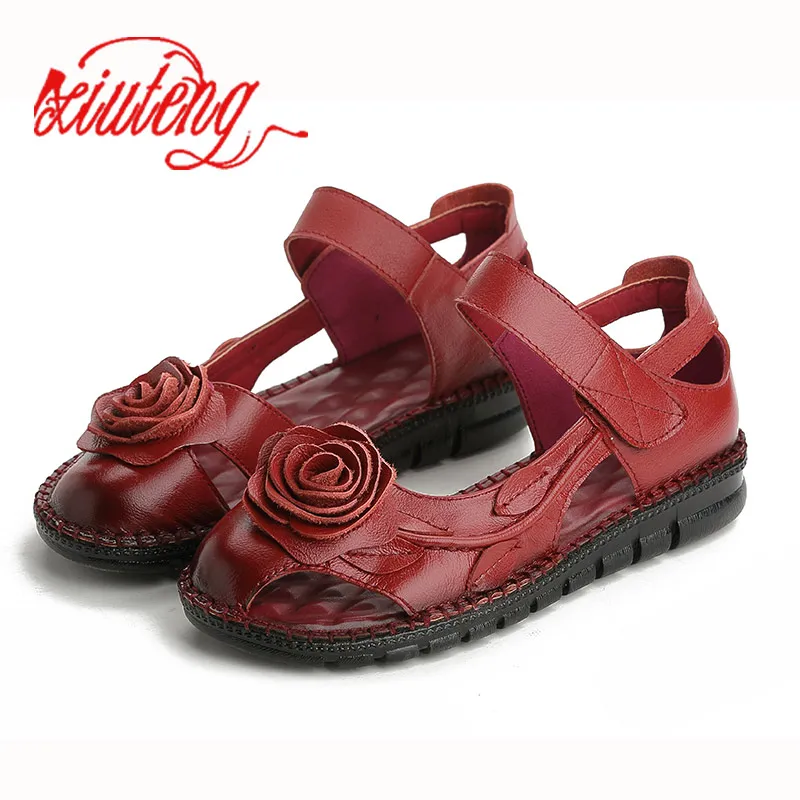 Xiuteng/Брендовые женские сандалии ручной работы из натуральной кожи с цветочным принтом; женская обувь на плоской подошве; шлепанцы на плоской подошве; женская летняя обувь; 3 цвета - Цвет: 9901-Red