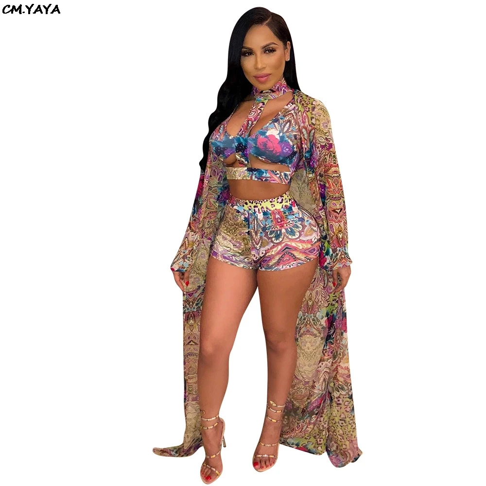 

2019 women sexy chiffon floral print long sleeve X-long cloak bra top shorts 3 piece set suits tracksuit outfit D8233