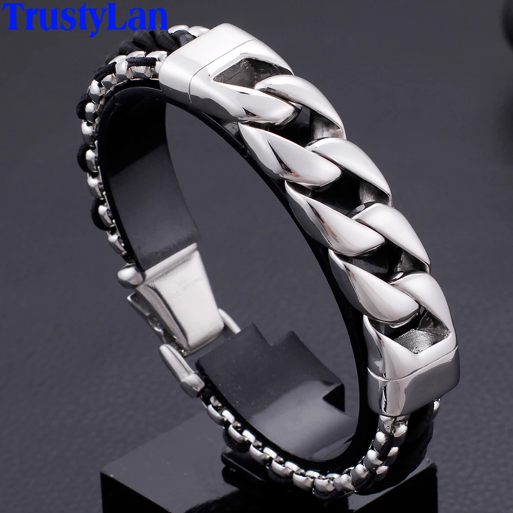 Titanium Steel Skull Bracelet.Genuine Braided Leather & Polished.Cuff Wristband