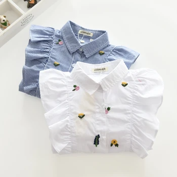 

Spring new fashion girl Striped Blouses Baby flower-embroidered striped shirts child long sleeve turn-down collar blouses