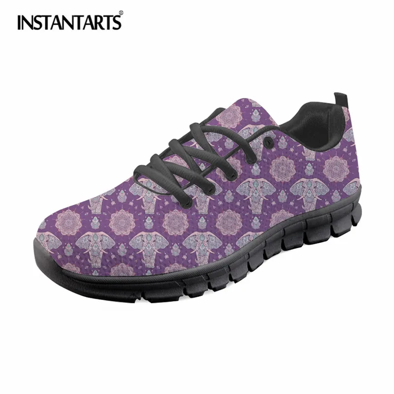 

INSTANTARTS Zen Elephant Printed Lace Up Sneakers Girls Summer Fashion Flat Shoes for Women's Casual Breathable Mesh Lady Flats