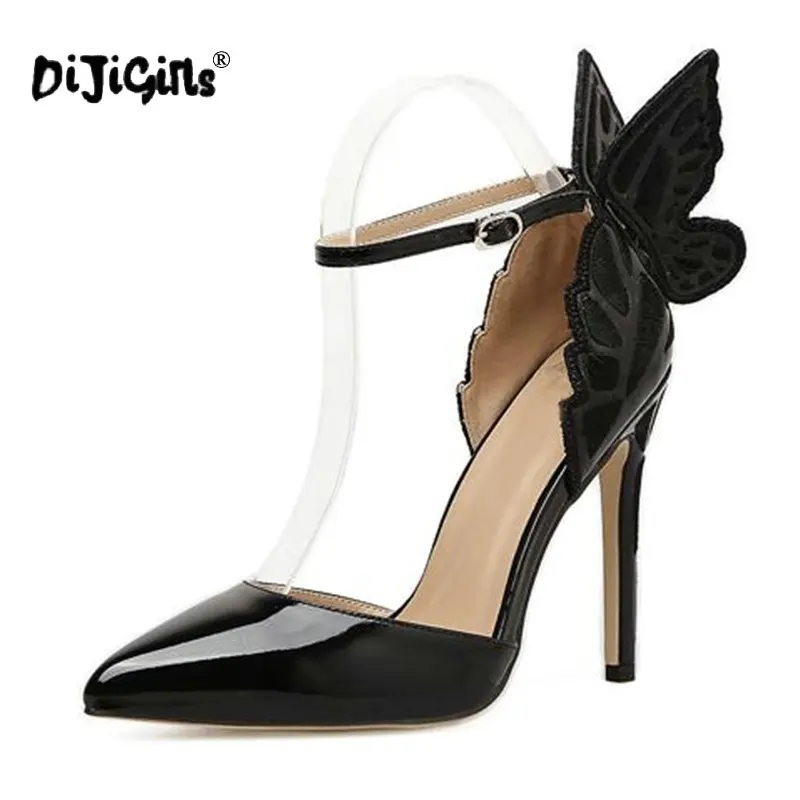 DIJIGIRLS/модные женские туфли-лодочки с крыльями бабочки и ремешком на застежке; пикантные женские вечерние туфли с острым носком на высоком каблуке; Размеры 35-40