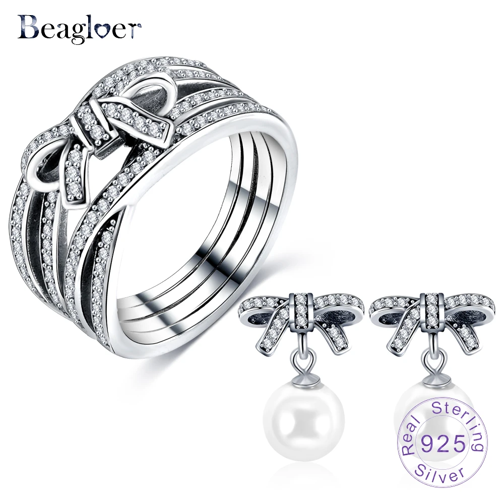 

Beagloer 100% 925 Sterling Silver Graceful Bow Knot & White Pearl Drop Earrings Ring For Women Luxury Jewelry Set PSST0038-B