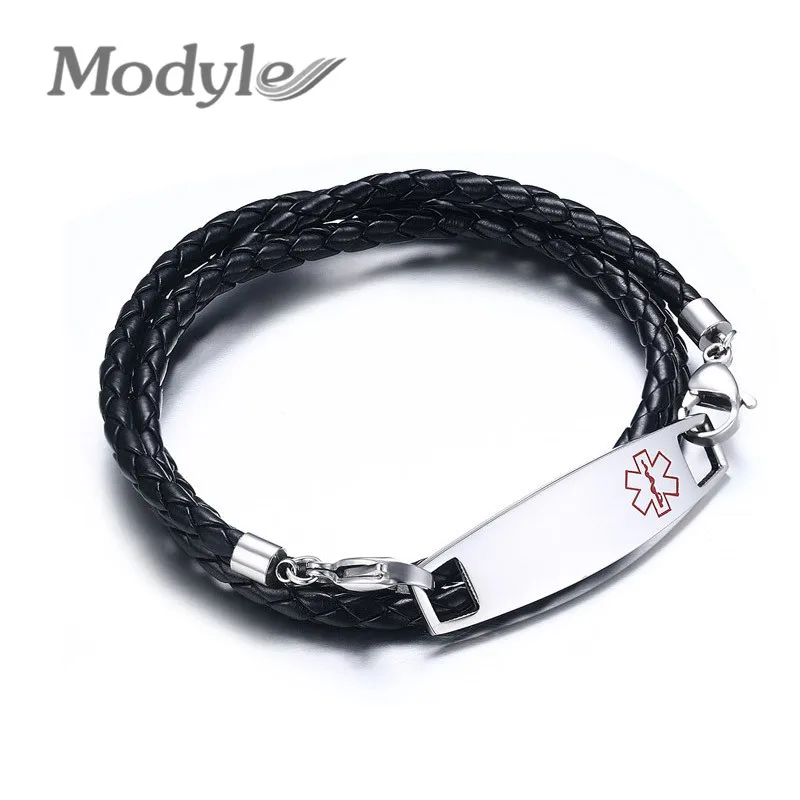 Модный гравировальный браслет из нержавеющей стали с черной кожей, медицинский браслет, ювелирные изделия на таможне
