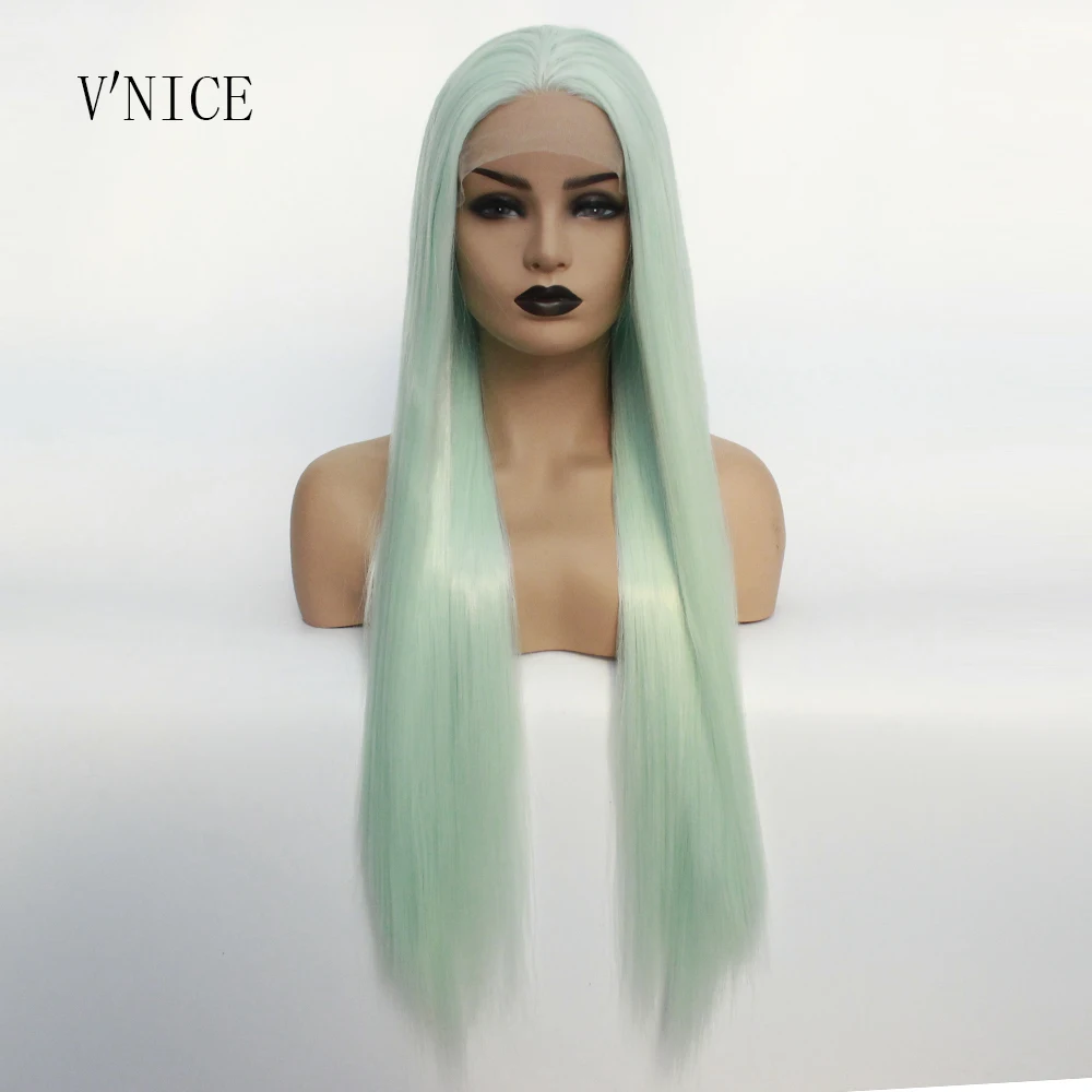 

Middle Part Wig Hand Tied Natural Long The Mint Color Wig Heat Resistant Fiber Synthetic Lace Front Braid Wig Cosplay