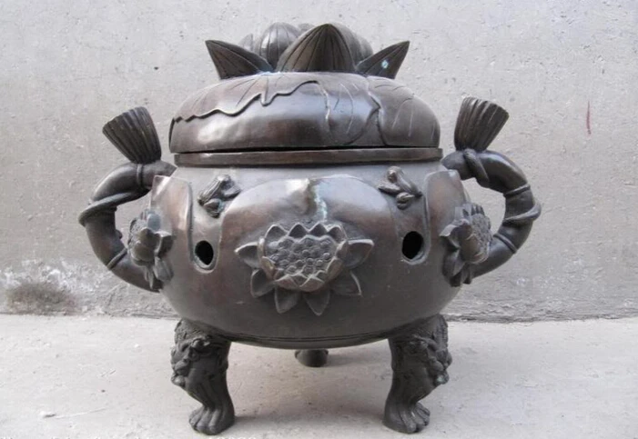 

Fast shipping USPS to USA S3126 15" Tibet archaic Bronze Copper lotus flower incense burner Censer statue