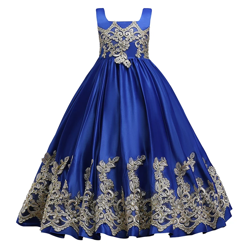 Real até o Chão Vestidos da Menina Vestidos de Festa Princesa Azul Flor Ouro Applique Meninas Pageant Vestido Primeira Comunhão 4 Casamentos e Eventos
