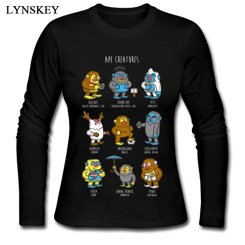 Черный LYNSKEY футболка с длинным рукавом нормальный Забавный Ape Crewneck все Хлопковые женские летние/осенние Топы рубашка Повседневная футболка рубашка - Цвет: Черный