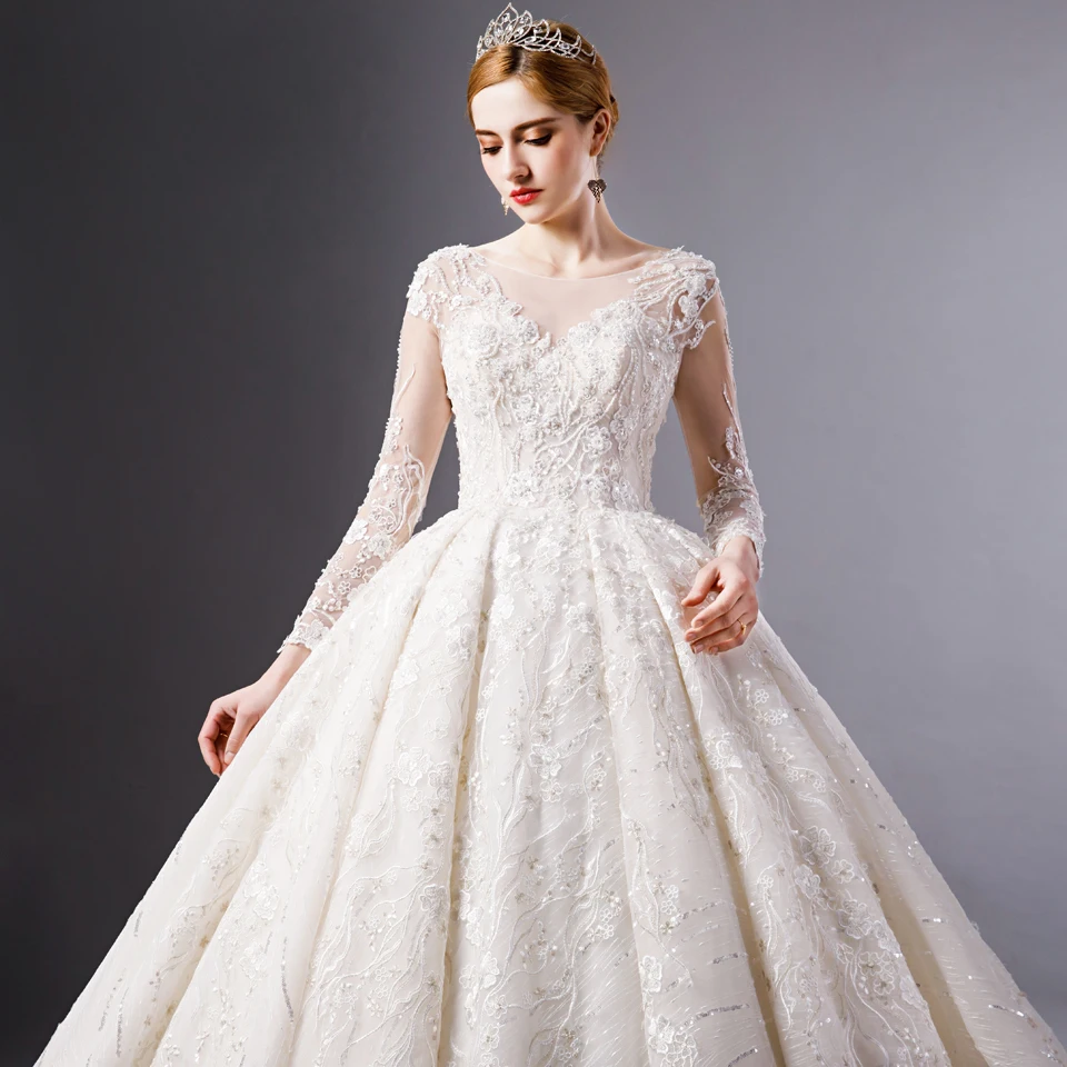 SL-6095 Luxury Embroidery Lace long sleeves ball gown bohowedding dress bridal wedding gowns royal train