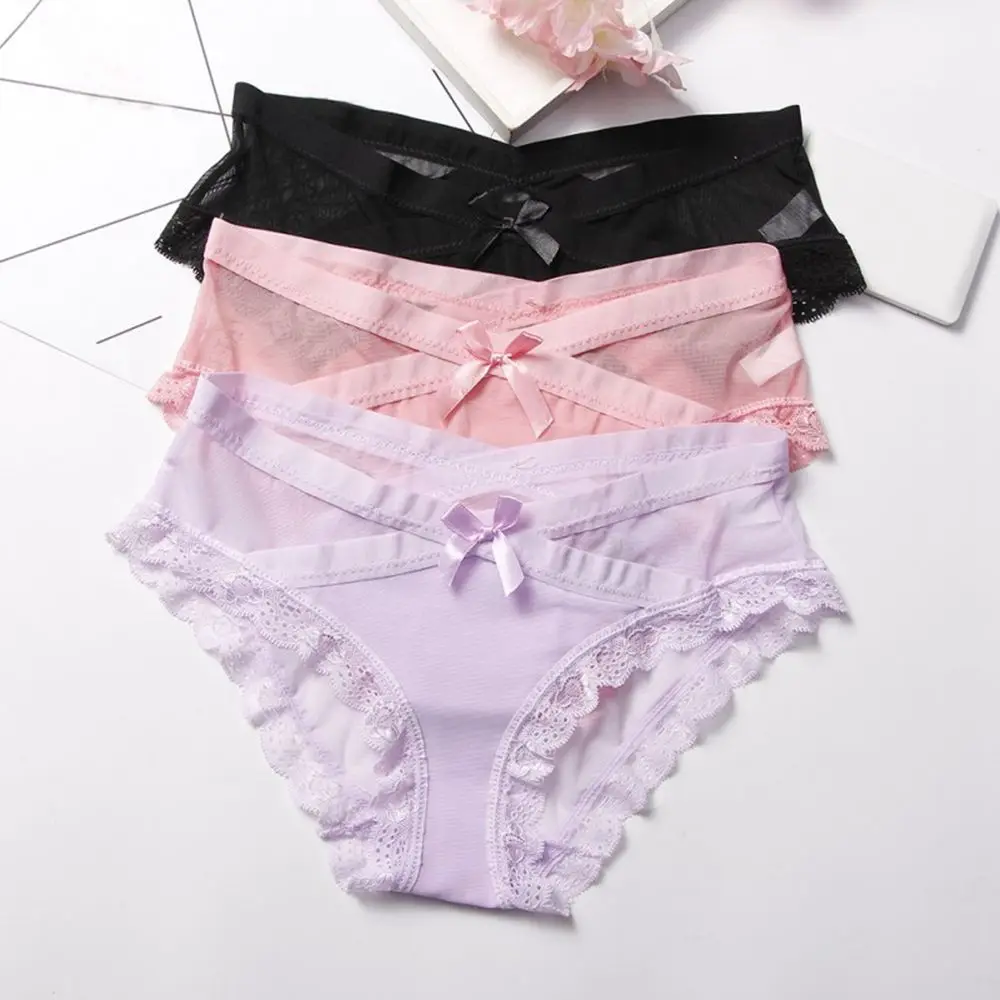 

Sexy Women Panties Mesh Bow Cotton Underwear Transparent Breathable Briefs Low-Rise Bow Floral Panties for Ladies