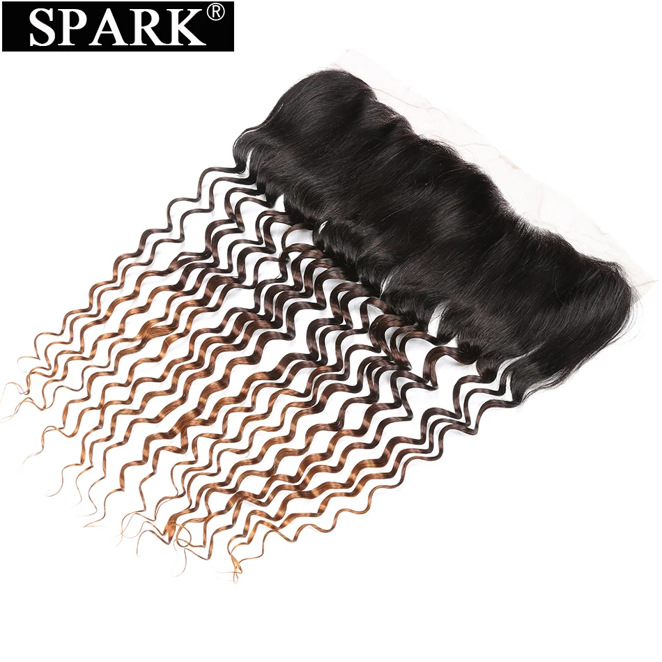 Spark Hair Ombre Brazilian Deep Wave 13x4 Lace Frontal Closure Weave Free Part Deep Curly Remy Human Hair Closure 1B/4/30 Color