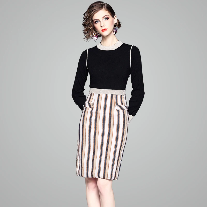 

Patchwork Pencil dress 2018 NEW Vintage office Lady sweater striped dresses autumn full sleeve Women Winter Party Dress