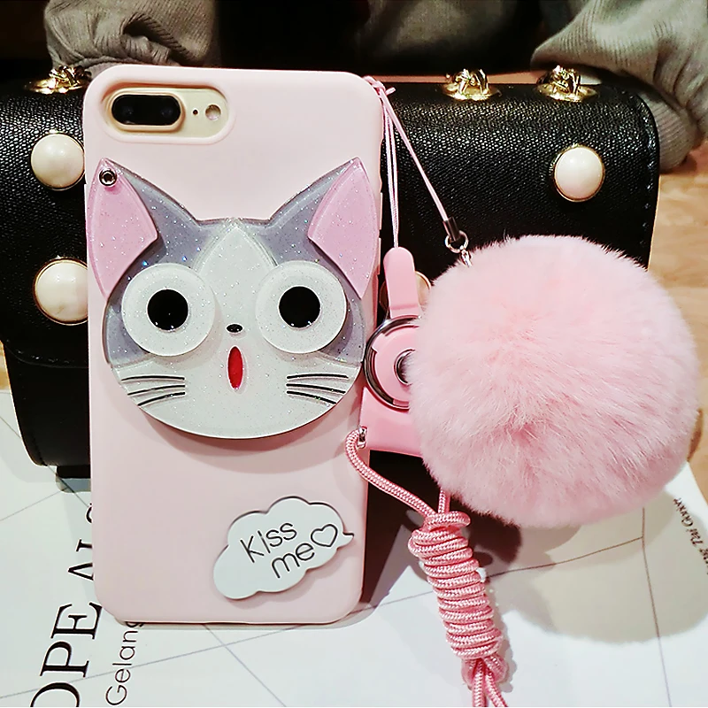 For iPhone 7 plus /X 8 6 6splus case pink Hello kitty For samsung galaxy s8 plus s6 s7 edge case cartoon cat mirror cover +rope