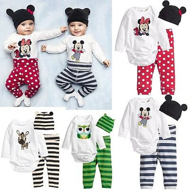 

3PCS Newborn Spring Cotton Stripes Children Baby Boys Girls Sets Clothes O-Neck Clothing Sets Boy Long sleeve Romper +Hat+Pants