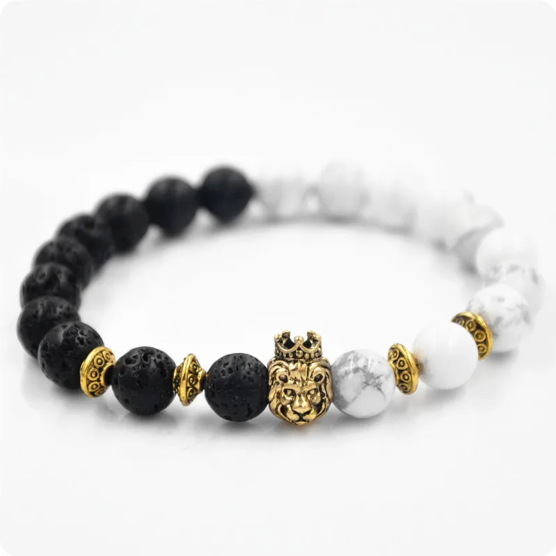 

KYSZDL New lava volcanic stone white stone energy bracelet crown lion head round beads bracelet jewelry wholesale