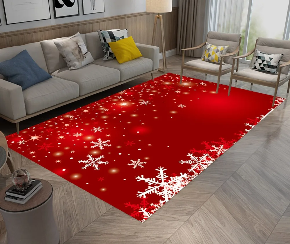 Red Christmas Round Rug for Dining Room Bedroom White Snow Golden Snowflakes Non-Slip Rubber Backing Carpet Absorbent Bath Mat for Bathroom Nursery Hallway Living Room Kitchen Round Diameter 4'