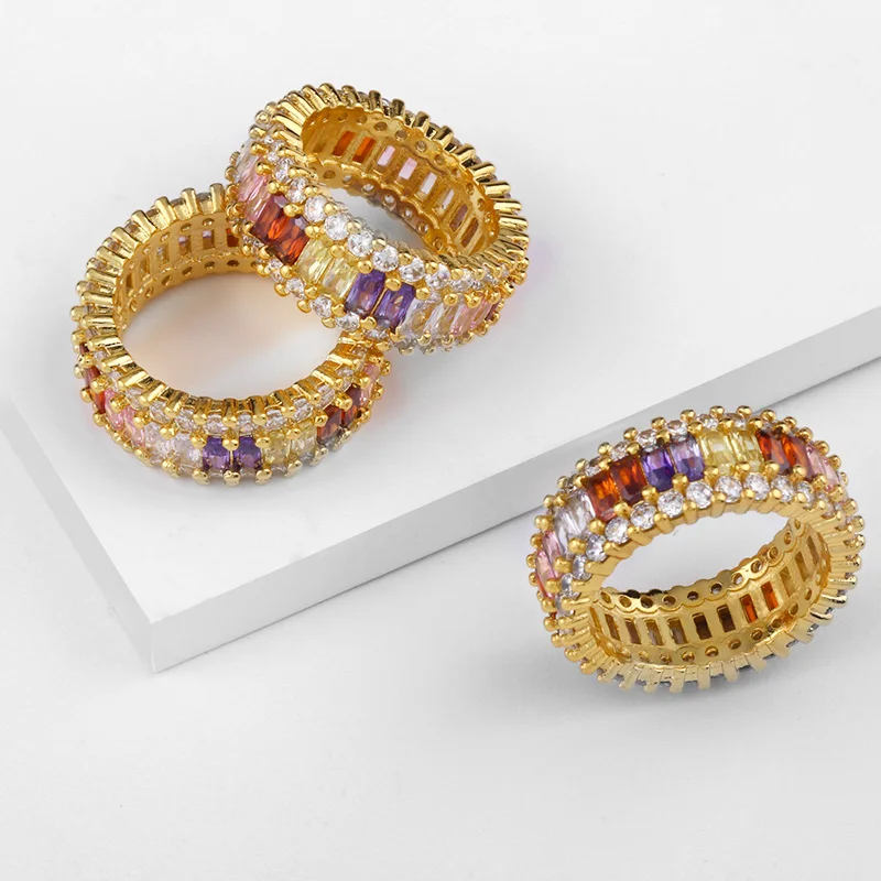 

2019 Rainbow Crystal Rings For Women Engagement Wedding Band Gold Rings Colorful Cubic Zirconia CZ Square Rings Fashion Jewelry