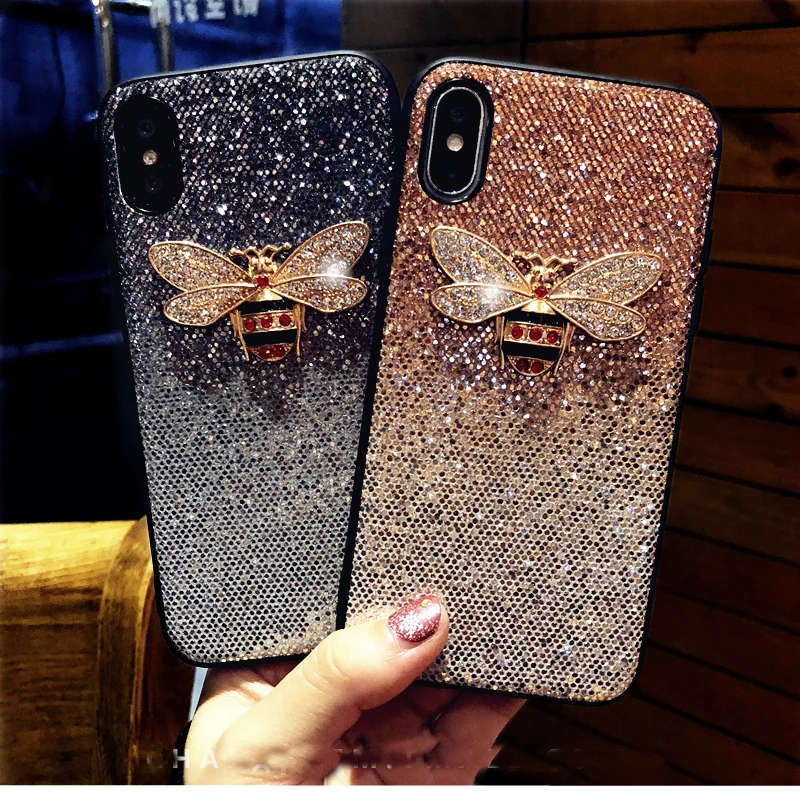 Luxury Metal Diamond Bee Glitter Phone Case For Iphone 7 8 6 6S Plus X XR XS MAX Cover For Samsung Galaxy S8 S9 Note 9 S10 E