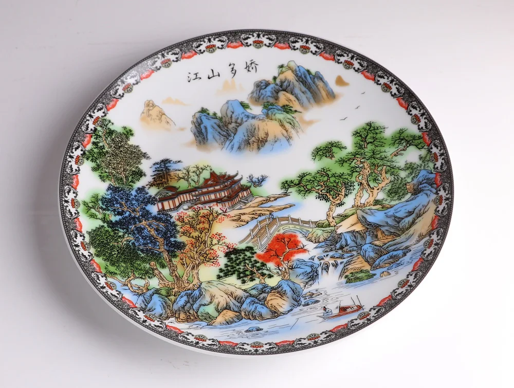 Jingdezhen Art Ceramic Ornamental Beautiful Landscape Plate Decoration Plate Wood Base House Porcelain Plate Set Wedding Gift 4
