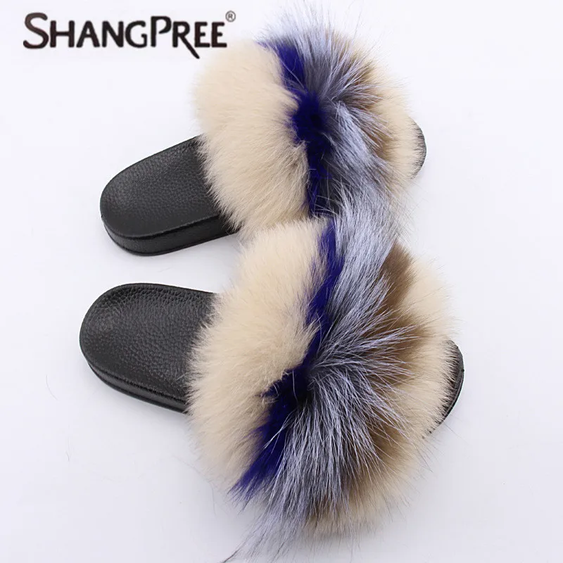 

SHANGPREE 2018 Women Fur Slippers Fluffy Real Fox Hair Slides Flat Soft Indoor Flip Flops Beach Sandals Lady Lovely Plush Shoes