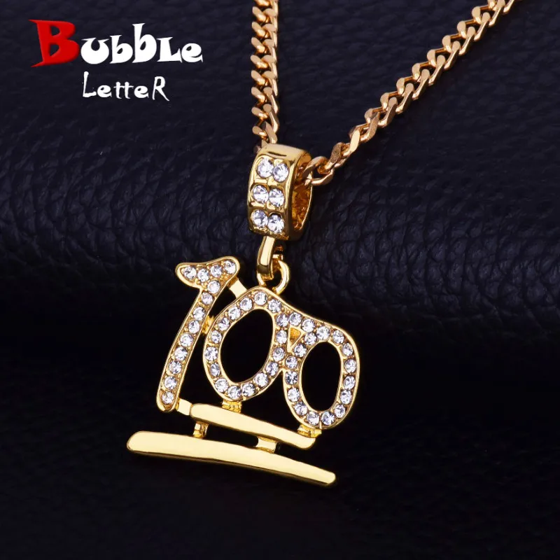 

Gold Emoji 100 Logo Pendant Necklace Iced Bling Rhinestone Crystal Men Hip hop Jewelry Free Miami Cuban Chain Street Rock