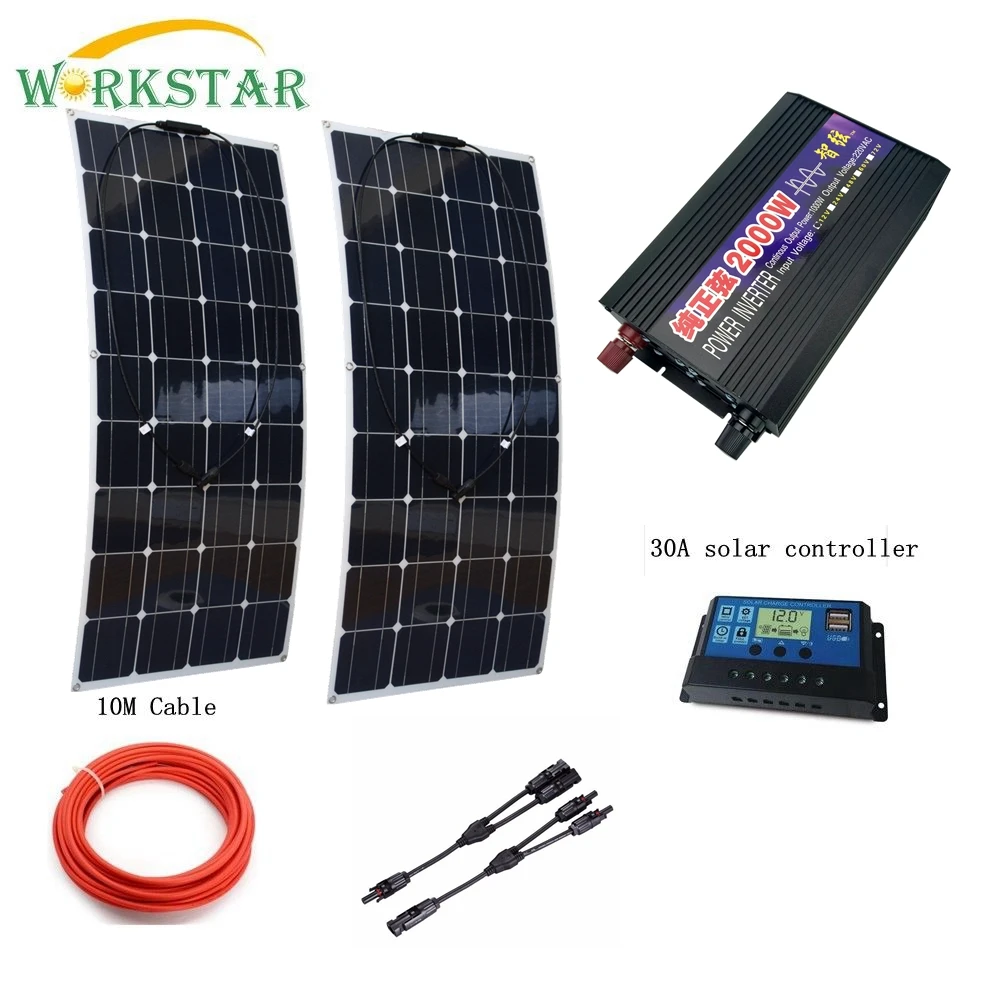 

2*100W Flexible Solar Panel with 12V/24V 30A Solar Charger Controller and 2000W Pure Sine Wave Inverter 300W solar System