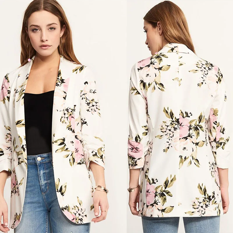 

Spring Summer Street Sexy White Print Flowers Casual Blazers Three Quarter Sleeved Casual Female Jacket Blazers