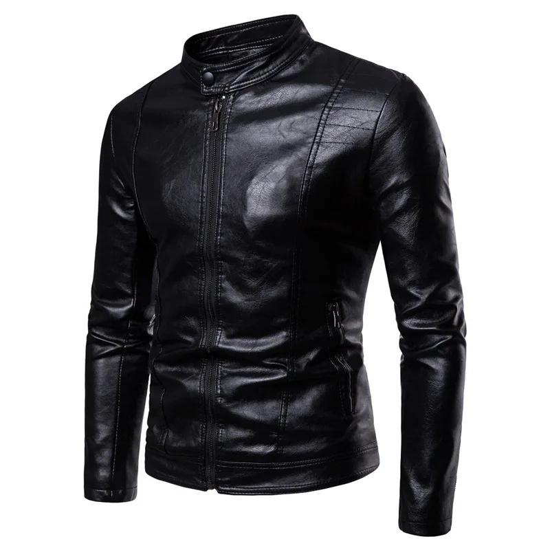 

Plus Size Men 'S Faux Leather Coat Smooth Zip up Fitted Bomber Motorcycle Jacket Cross-Border Foreign Trade Men's Stand Collar L