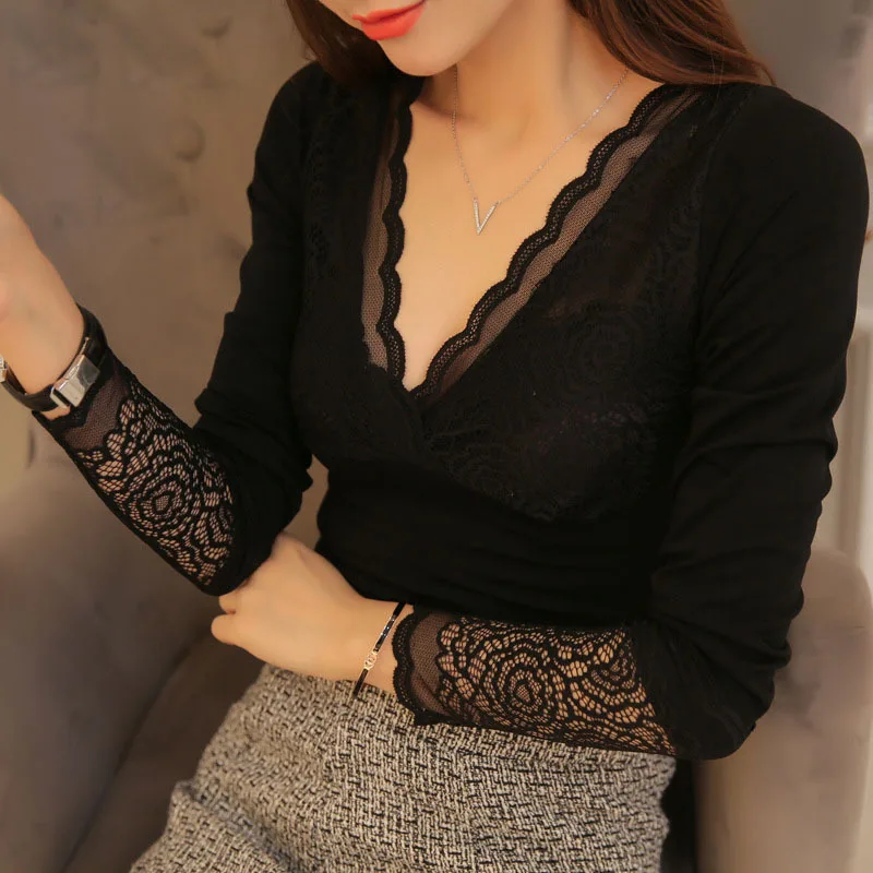 

Autumn winter women black T-shirt lace goddess clothing thick super soft bottoming body warm lace stitching long sleeve T-shirt