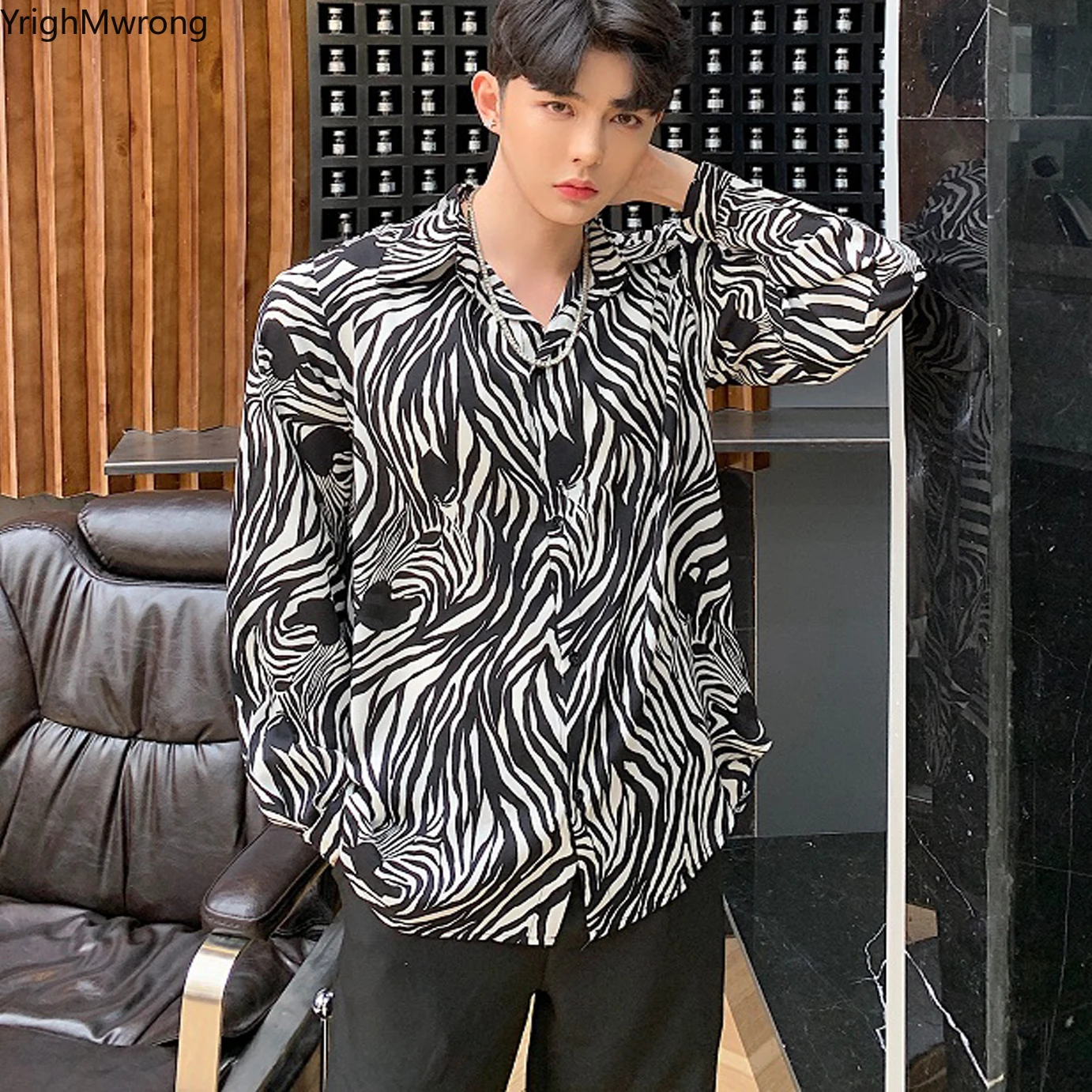

Plus Size Oversized Loose Long Sleeve Zebra Fashion Striped Streetwear Blouse Men Hip Hop Casual Top Shirt Punk Casual Japan Tee
